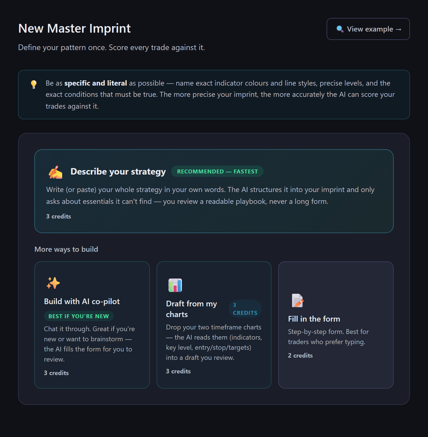 Choose how to build — describe it, co-pilot, chart draft, or the form