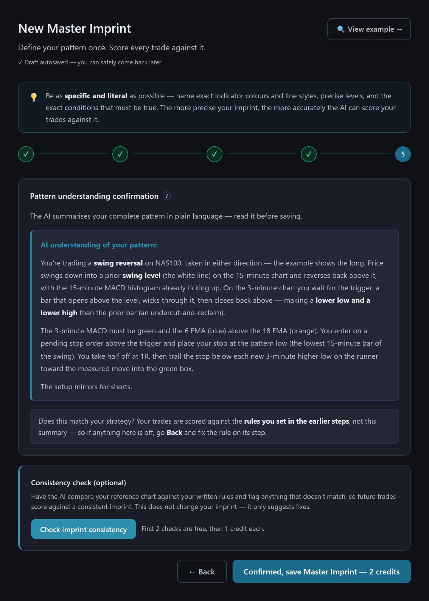 New imprint · Step 5 — the AI reads your strategy back to you before saving