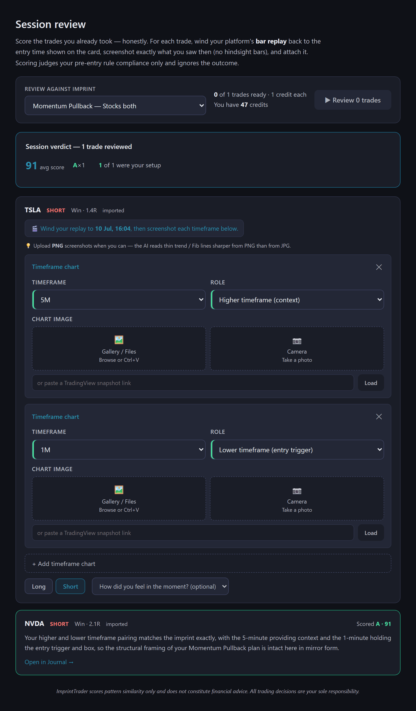 Session review — wind your replay to the entry time, screenshot, score the day